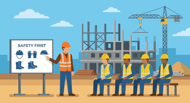 Construction worker instructor teaches safety measures to a diverse group of workers at an active building site, highlighting personal protective equipment in a flat vector illustration