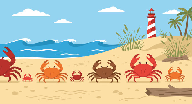 Several cartoon crabs of different sizes and colors are lined up on a sunny sandy beach with ocean waves, a lighthouse, and palm trees, in a cheerful flat vector illustration