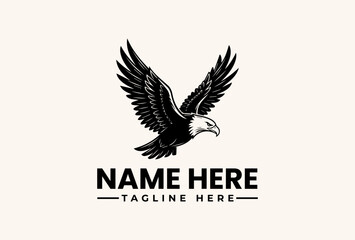 Obraz premium A black and white eagle logo with outstretched wings and a customizable 'NAME HERE' text area with 'TAGLINE HERE' on a beige background, featuring a vector illustration style with a bold