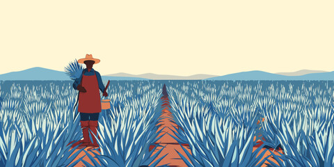 A farmer stands in a vibrant blue and orange agricultural field © Juel