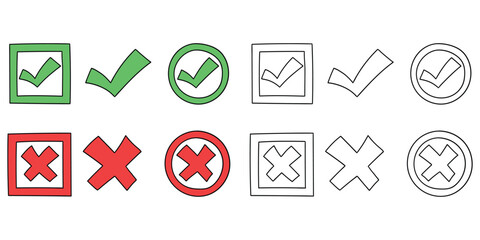 Hand-drawn cartoon and doodle set of check marks and crosses on a white background. © Павел Костенко