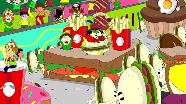 Carnival animation in cartoon style with people parading on floats and in food costumes, party, art, 2D.