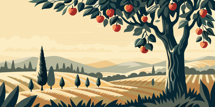 A lush apple tree dominates a serene landscape with rolling hills