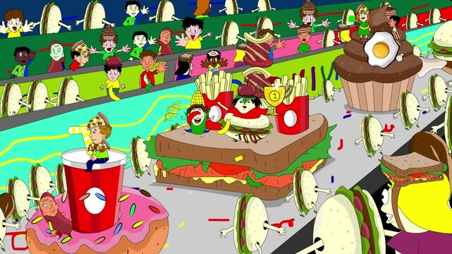 Carnival animation in cartoon style with people parading on floats and in food costumes, party, art.