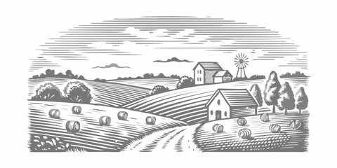 Vintage style illustration of a rural landscape with farmhouses and hay bales © Juel