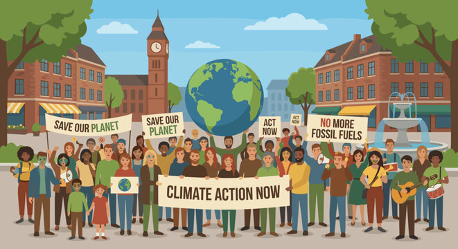 Diverse group of climate change activists holding protest signs and a large globe in a bustling city square, advocating for environmental protection and urgent action