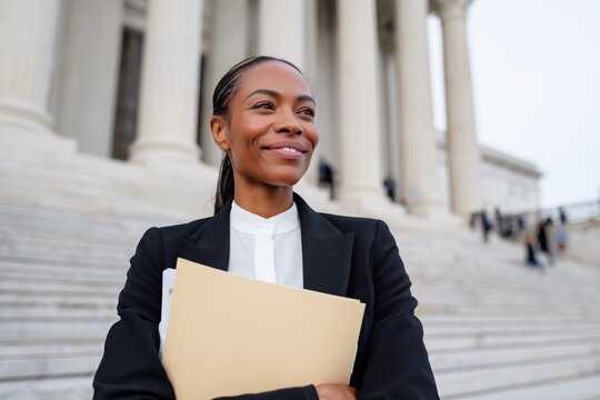 Confident African American female lawyer standing on courthouse steps, smiling attorney holding legal folder outside government building. Professional legal advocate prepared for court hearing