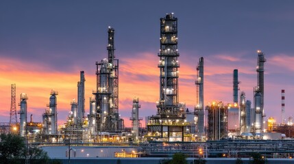 Industrial refinery with tall structures and smoke stacks against a vibrant sunset sky, showcasing energy production and technology in modern industry