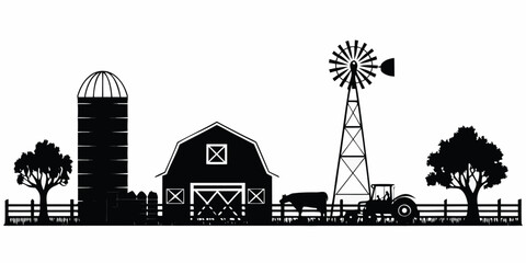 Obraz premium A black and white illustration of a rural farm landscape with buildings