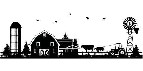 Obraz premium A black and white illustration of a rural farm landscape with livestock