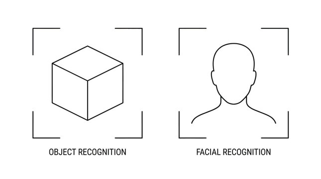 Simple line icons for object and facial recognition in minimalistic style with black and white color scheme on clean white background for technology illustration