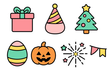 Birthday gifts, Birthday hats, Christmas trees, Easter eggs, Halloween pumpkins, Fireworks, Small flags