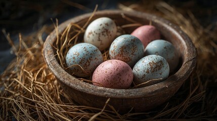 Obraz premium Artistic Easter eggs in pastel pink and blue with gold speckles in a wooden bowl with hay.