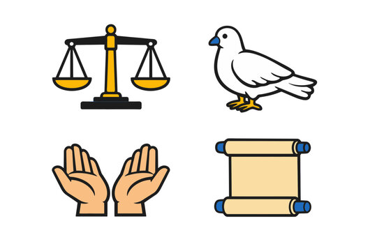 balance scale, dove, open hands, document scroll