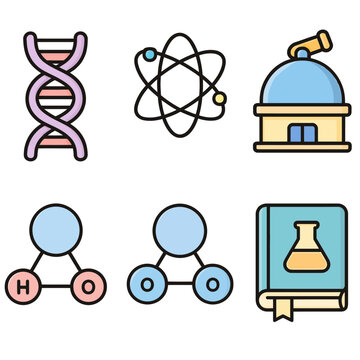 DNA helix, simbol atom, observatorium, molekul air, molekul oksigen, buku kimia dengan labu erlenmeyer