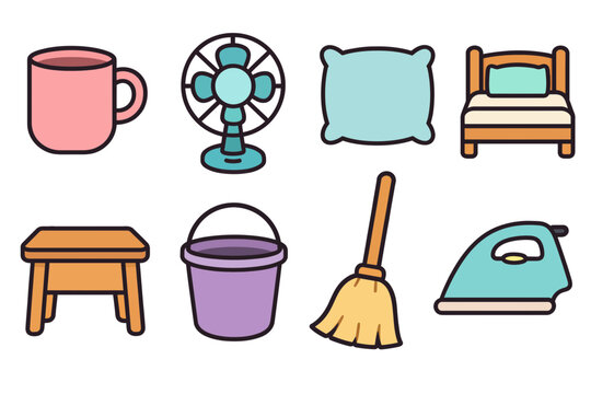 Mug, Fan, Pillow, Mattress, Small Table, Bucket, Broom, Iron