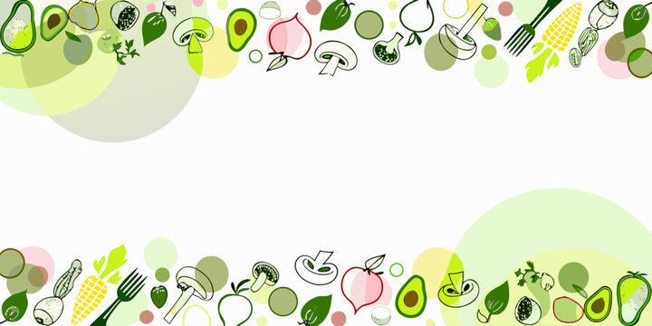 A colorful border of illustrated fruits vegetables and cooking utensils
