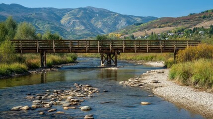 Obraz premium Serene Wooden Bridge Over Tranquil River Surrounded by Lush Greenery and Majestic Mountains in Bright Blue Sky of Autumn Landscape