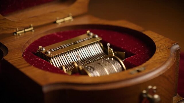 A video showcasing a musical instrument inside a wooden box with red velvet