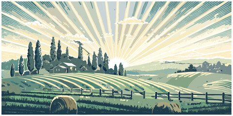 A vibrant landscape with radiating sunlight over rolling hills and farmland © Juel