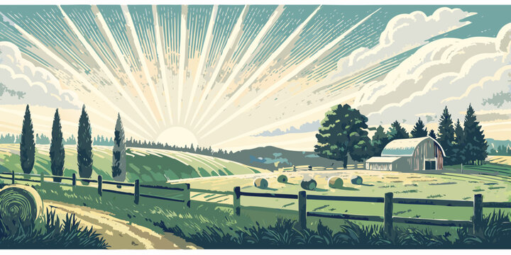 A serene countryside landscape basks in the warm glow of a rising sun