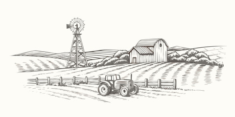 Vintage farm scene with tractor barn and windmill in sketch style © Juel