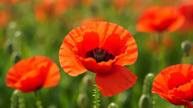 Vibrant red poppy flowers in a seamless panoramic banner for a website header or border. Beautiful summer meadow with blooming poppies on a sunny day with a soft focus background
