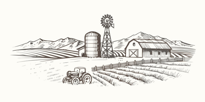 Vintage farm scene featuring a barn windmill tractor and rolling hills