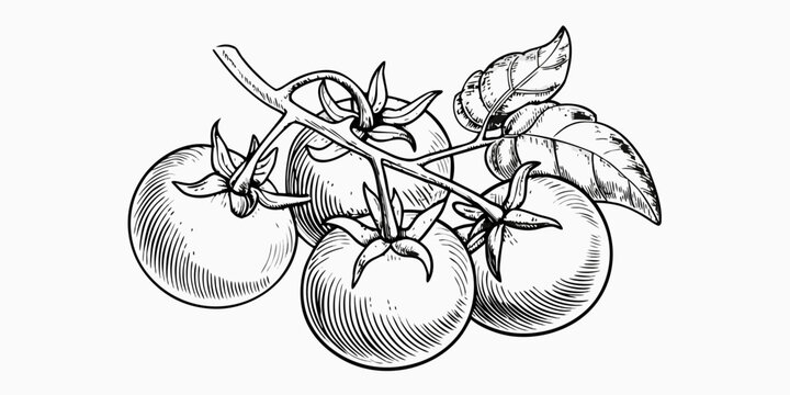 A vintage style illustration of ripe tomatoes on the vine