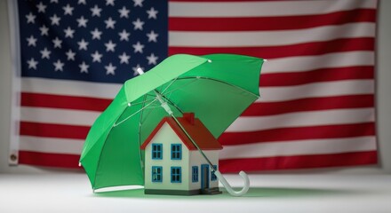 Home insurance concept with small house under green umbrella and american flag background for safety