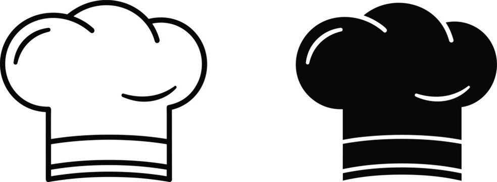 Chef hat icons set vector illustration, professional cook toque silhouettes, kitchen uniform symbols for restaurant branding and food service design,