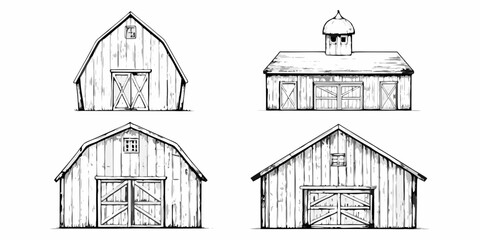 Detailed sketches of vintage barns with varying architectural features © Juel