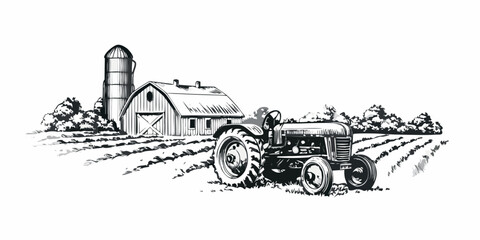 Vintage farm scene featuring a tractor barn and silo illustration © Juel