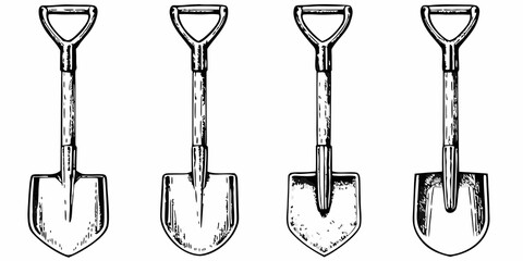 Four vintage illustrations of garden shovels in a row © Juel