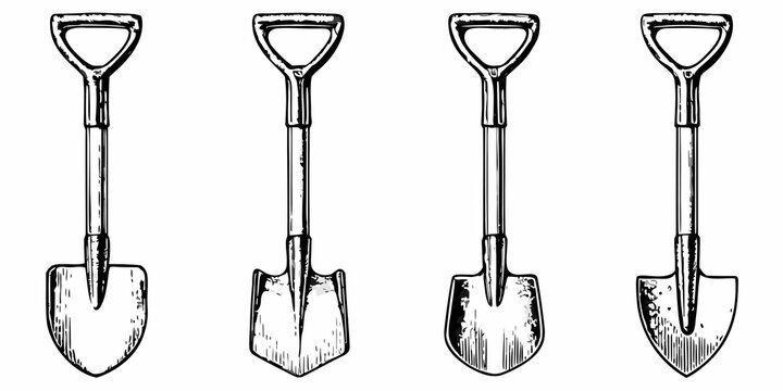 Four vintage shovels displayed in a simple illustrative arrangement