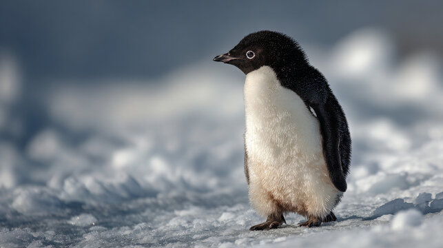 Juvenile aedile penguin standing on ice at Paulet island, Antarctica