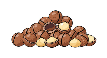 Fototapeta premium Pile of macadamia nuts some cracked open on a white background