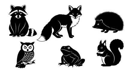 Obraz premium Black White Forest Wildlife Animals Glyph Vector Icon Set
