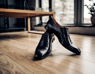 Elegant black leather dress shoes for men resting on a wooden floor in a stylish room.