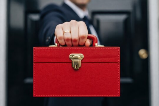  UK Chancellor holding a red budget briefcase outside Downing Street, British economy, finance and politics concept