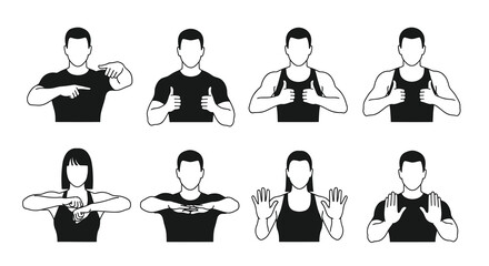 Human Hand Gestures Outline Glyph Set for Communication, Instruction, and Safety
