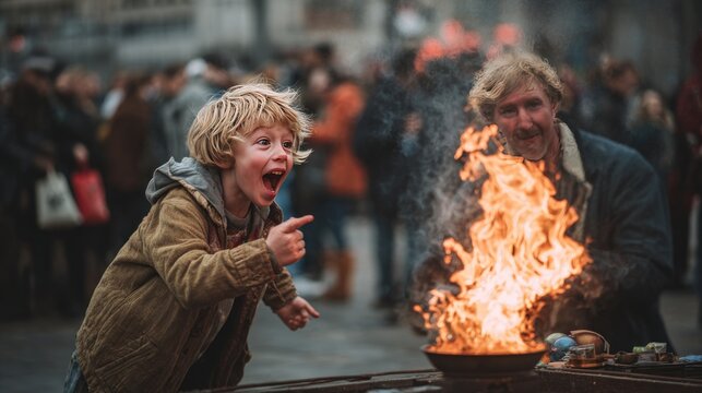 Boy watching street performer with flames