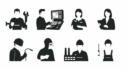 Manufacturing Industry Workers Professions Black  White Flat Vector Icons Set