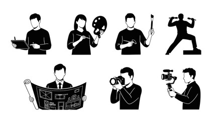 Creative Professions  Media People Black  White Silhouette Vector Icons Set