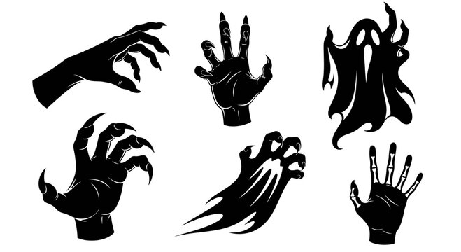 Halloween Horror Monster Hands, Claws, Ghost, and Skeleton Glyph Silhouette Icons