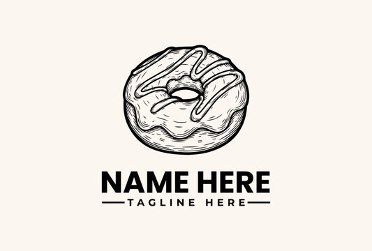 A black and white illustration of a glazed donut with a placeholder text 'NAME HERE' and 'TAGLINE HERE' in a simple, modern design against a light beige background.