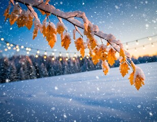 Winter wonderland with golden leaves and string lights over snow-covered landscape