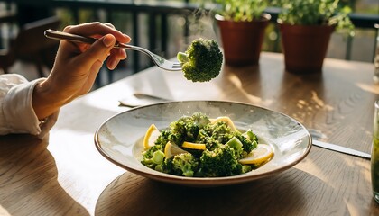 Hand holding fork with fresh broccoli over a vibrant green salad in a sunny restaurant