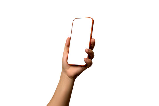 The hand holds a new orange smartphone. Man's hand holds a modern smartphone with a transparent screen, PNG