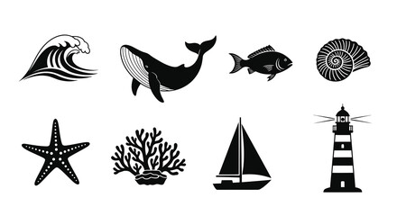 Fototapeta premium Black and White Marine Nautical Glyph Icons: Sea Creatures and Ocean Elements Set